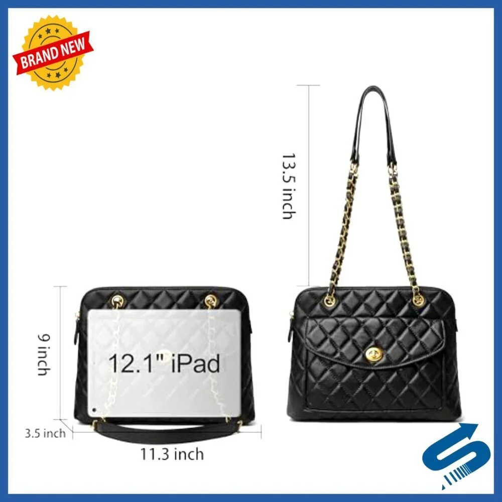 Quilted Leather Satchel Shoulder Bag with Detachable Chain Strap